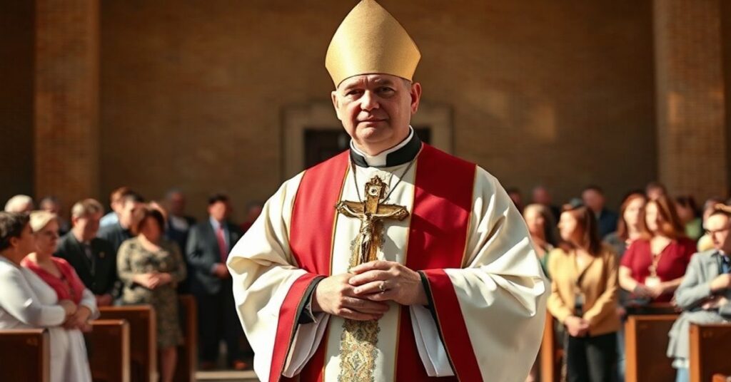 Tradycyjny ksiądz w stroju liturgicznym stoi przed radą miejską w Broken Arrow, trzymając krucyfiks i broniąc królewskiej władzy Chrystusa.