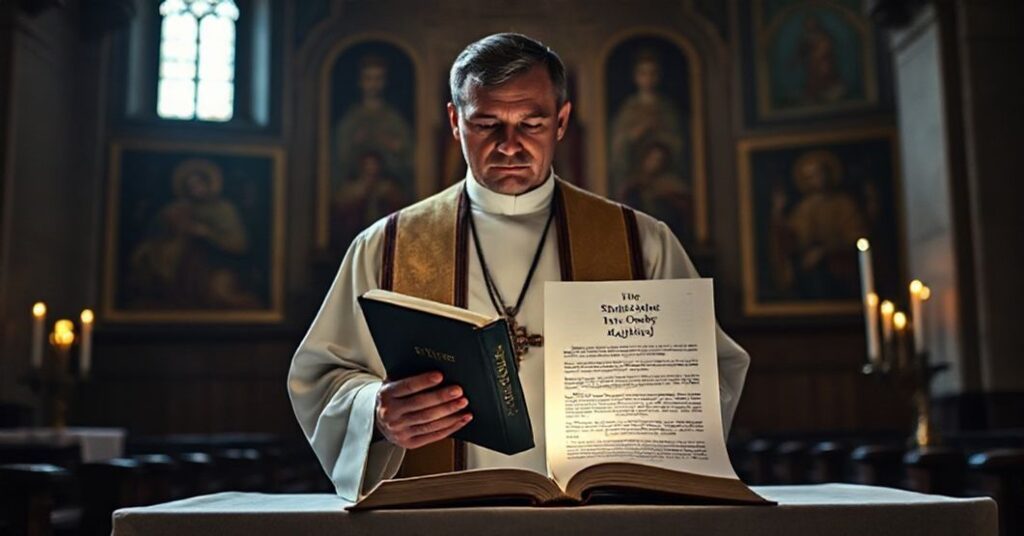 Ksiądz w tradycyjnych szatach liturgicznych stoi w kościele przy ołtarzu z dokumentem o statusie osoby najbliższej, symbolizując konflikt pomiędzy prawem Bożym a światopoglądem liberalnym.