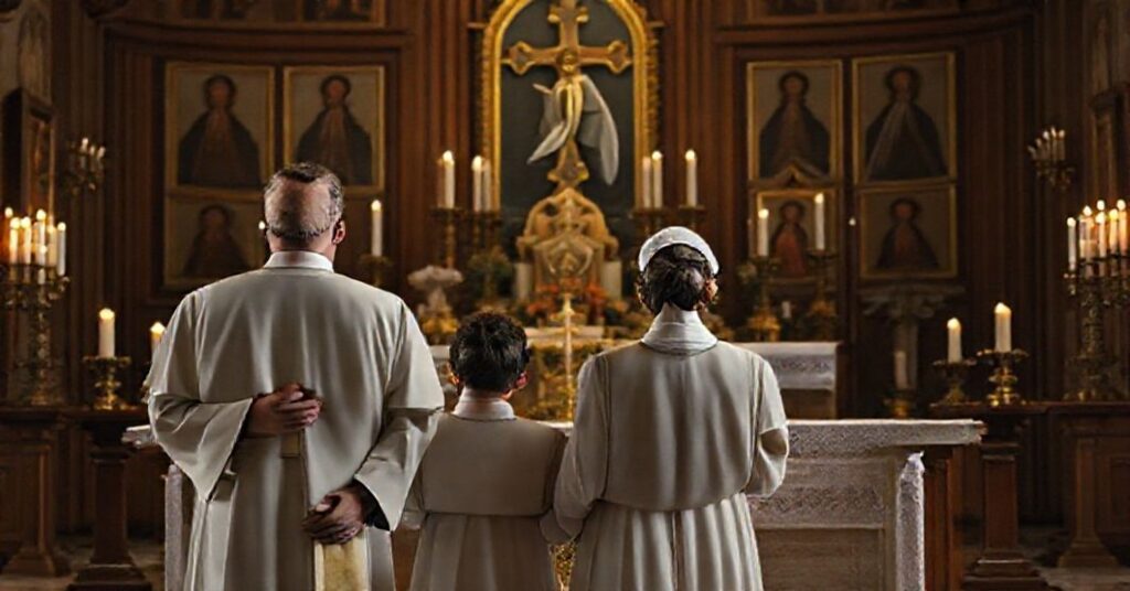 Tradycyjna katolicka rodzina modli się przed ołtarzem w obliczu ideologicznego ataku na małżeństwo i rodzinę