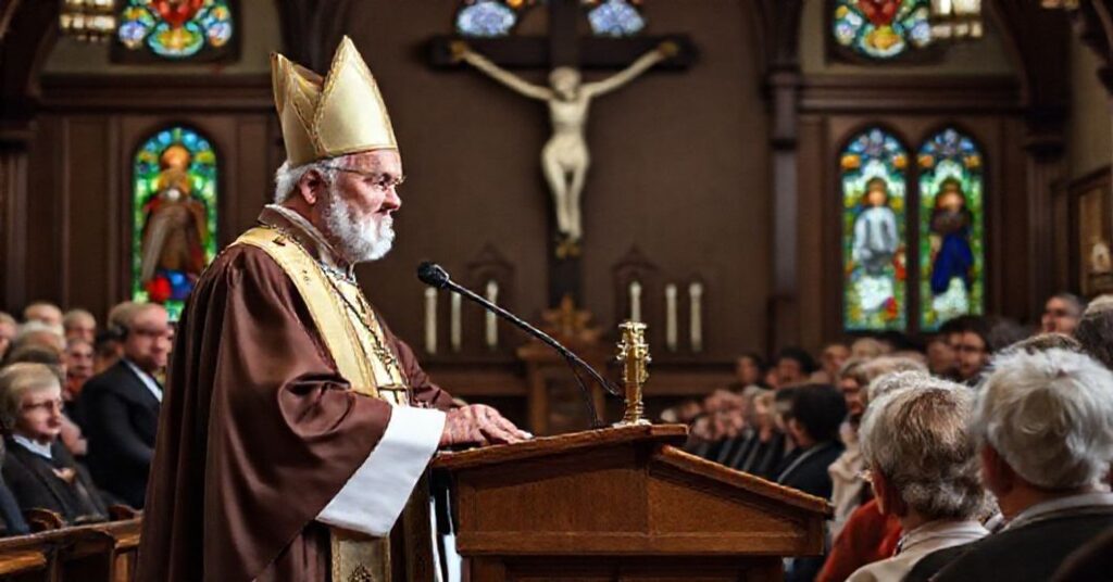 Stary biskup w pełnym ornaty liturgicznej przemawia do zgromadzenia w tradycyjnym kościele rzymskokatolickim na temat zniszczenia małżeństwa i heretyckich nauk nowożytnej sekty.