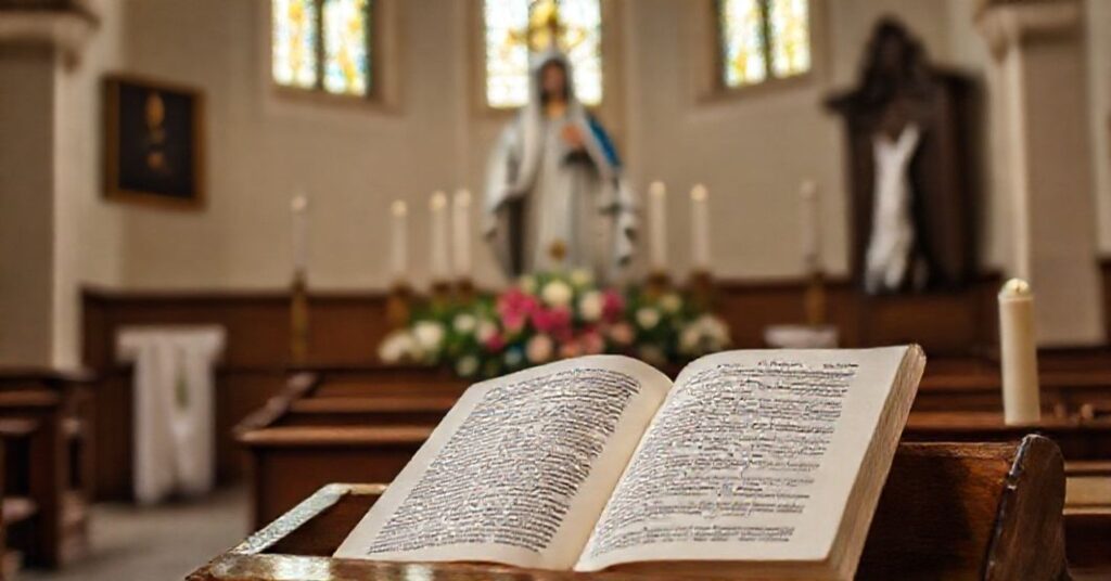 Rzeźba Najświętszej Maryi Panny w tradycyjnym kościele katolickim z otwartym dokumentem Piusa XII na ambonie.