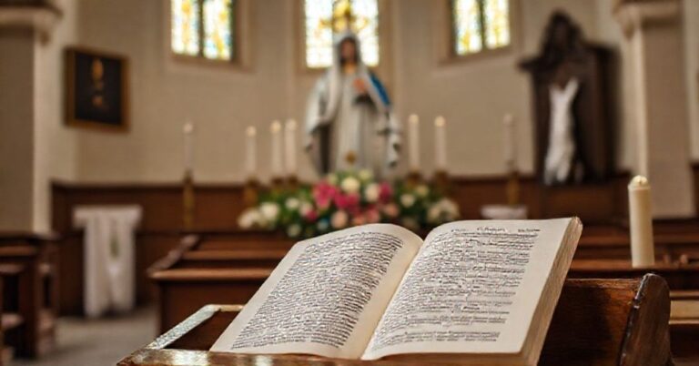 Rzeźba Najświętszej Maryi Panny w tradycyjnym kościele katolickim z otwartym dokumentem Piusa XII na ambonie.