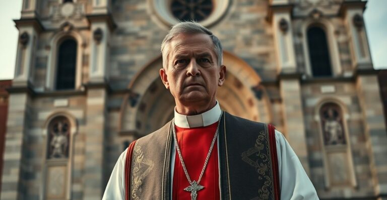 Kapłan katolicki w tradycyjnym stroju przed historycznym kościołem, symbolizujący obronę publicznej modlitwy i tradycji katolickiej wobec nowoczesnych zagrożeń.