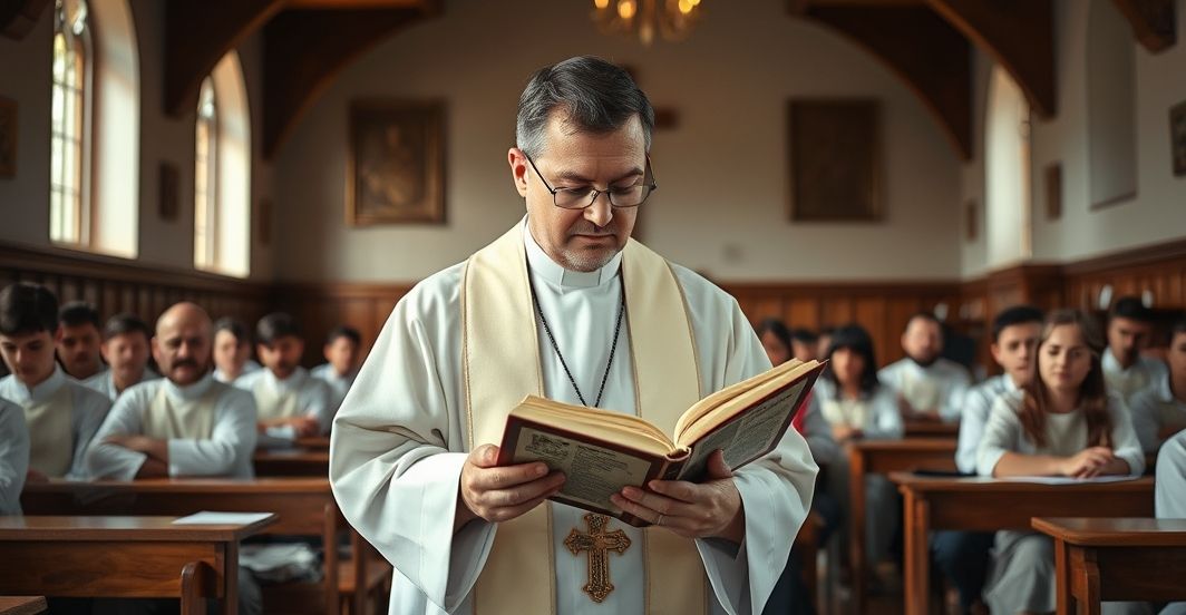Obrona moralności katolickiej w edukacji przeciw zagrożeniom kultury Klasztorna scena religijna z kapłanem czytającym Biblię, wyraz powagi i moralnej troski, w prostym wnętrzu kościelnym
