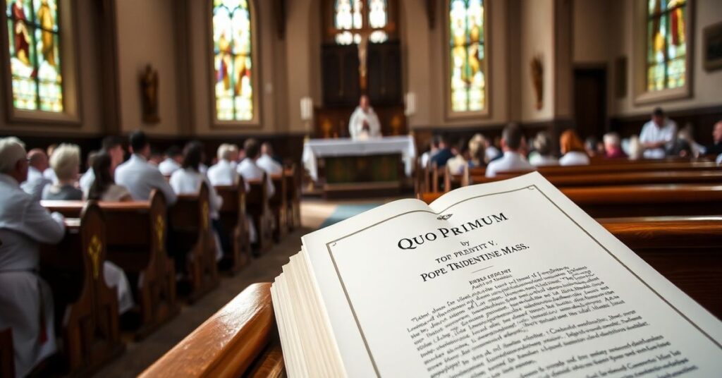 Wnętrze tradycyjnego kościoła katolickiego podczas Mszy Świętej w rytu trydenckim. Na pierwszym planie ksiądz w białych szatach celebruje Mszę przy ołtarzu z krzyżem i świecami. Wierni klęczą w modlitwie. Na ławce leży otwarty dokumen "Quo Primum" papieża św. Piusa V.