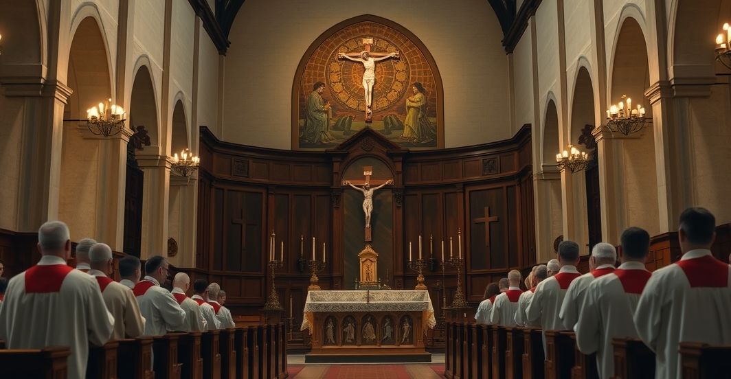 Obrona naturalnego porządku w tradycyjnym kościele katolickim Realistyczne zdjęcie wnętrza tradycyjnego kościoła katolickiego z ołtarzem i krucyfiksem, symbolizujące obronę naturalnego porządku i świętości ciała