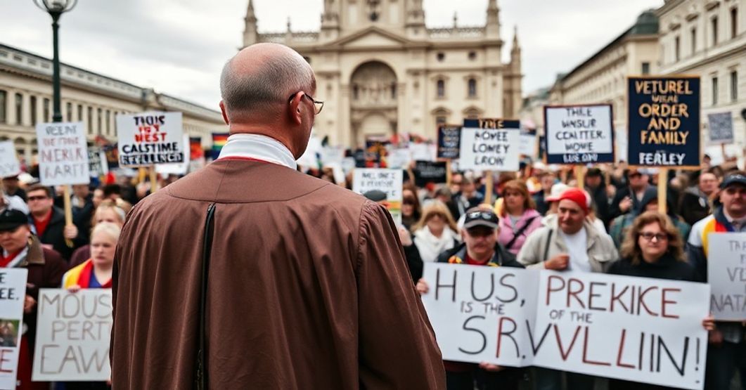 Obrona naturalnego porządku przed rewolucją LGBT Ksiądz w tradycyjnych szatach liturgicznych stojący przed tłumem protestujących w obronie małżeństwa i rodziny w katowickim mieście