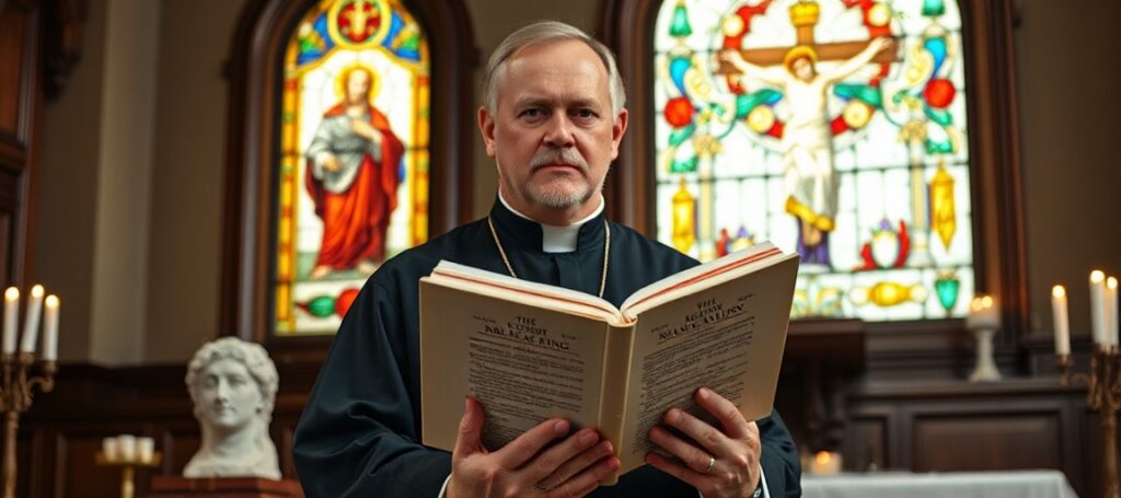 Ksiądz w tradycyjnym ornaty trzyma encyklikę Rerum Novarum przed oknem witrażowym przedstawiającym Chrystusa Króla w kaplicy Mszy Tradycyjnej.