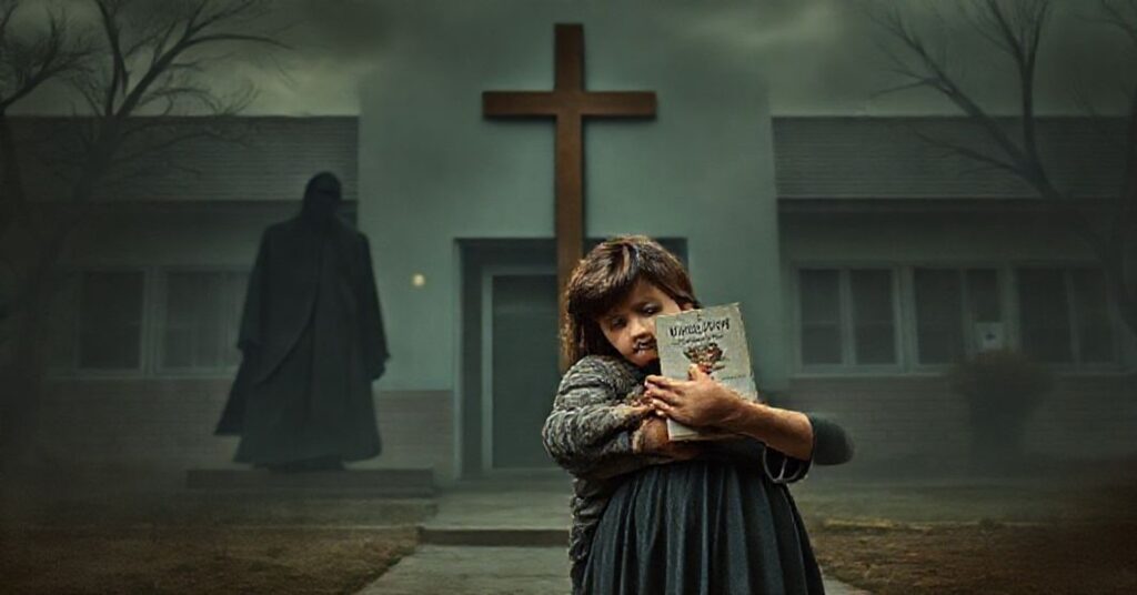 Kobieta z dzieckiem przed szkołą w Chile trzymająca kontrowersyjna ksiązkę 'Ariel es una niña', symbolem obrony niewinności przed ideologiczną indoktrynacją.