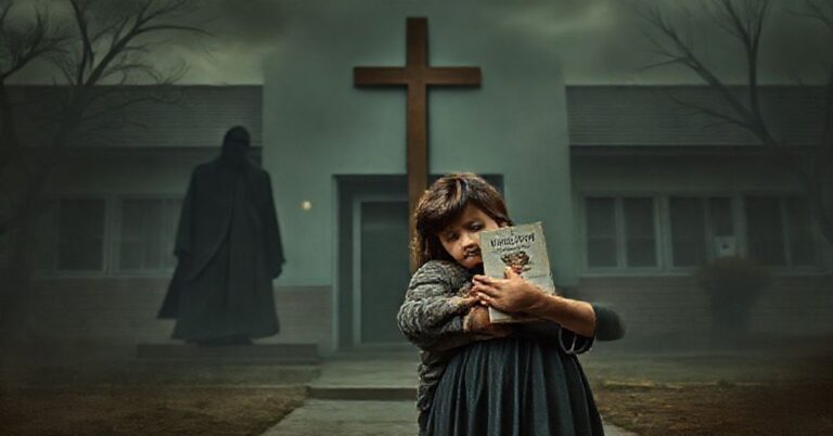 Kobieta z dzieckiem przed szkołą w Chile trzymająca kontrowersyjna ksiązkę 'Ariel es una niña', symbolem obrony niewinności przed ideologiczną indoktrynacją.