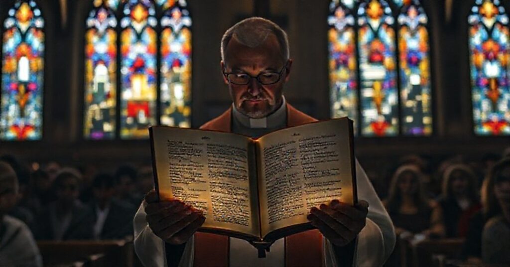 Ksiądz w tradycyjnym kościele trzyma Biblię z podświetlonymi wersami z Listu do Rzymian w obronie moralności.