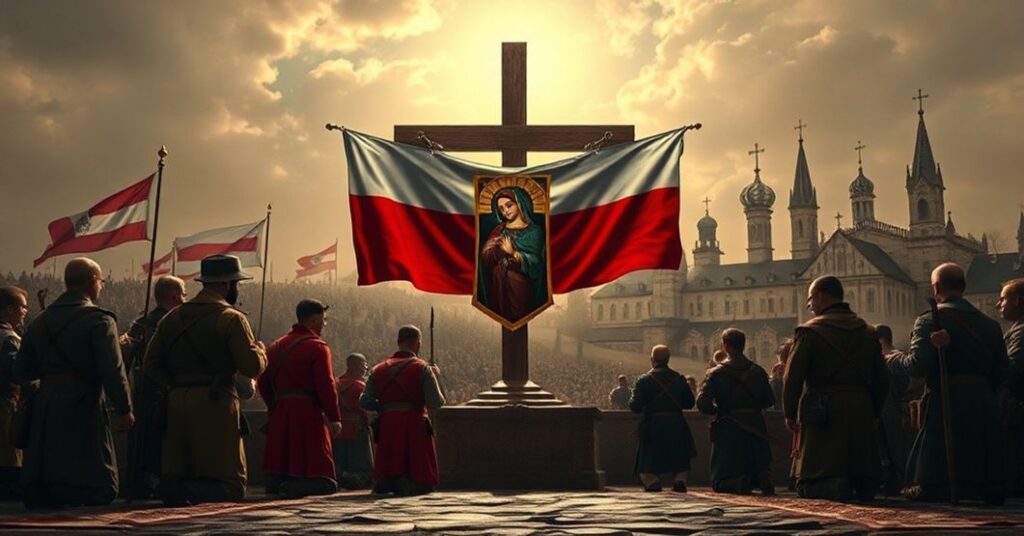 Obraz przedstawiający obronę Polski pod berłem Chrystusa Króla z tradycyjnymi polskimi żołnierzami modlącymi się przed krzyżem.