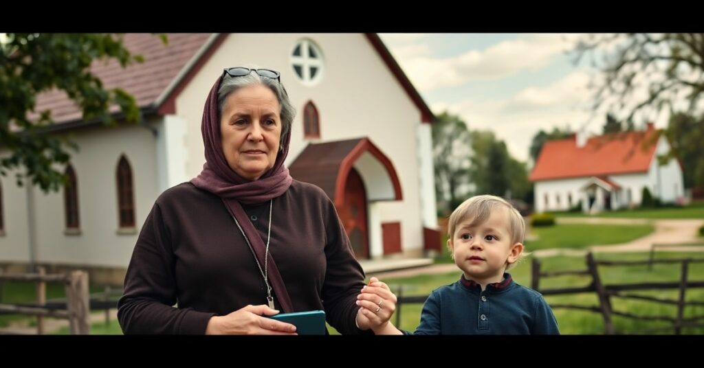 Kobieta z dzieckiem przed kościołem w Baranowie, symbolizującą obronę praw rodzicielskich