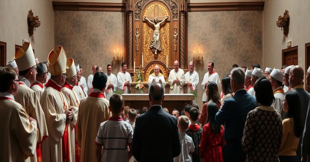 Grupa katolickich duchownych w tradycyjnych ornatach stojących przed ołtarzem z krzyżem, otoczonych troskliwymi rodzicami i dziećmi.