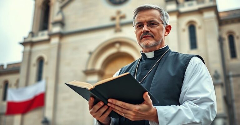 Katolicki kapłan w tradycyjnych szatach liturgicznych trzymał Biblię przed kościołem w Polsce. Tło symbolizuje walkę o prawdę historyczną wobec rewizjonizmu.