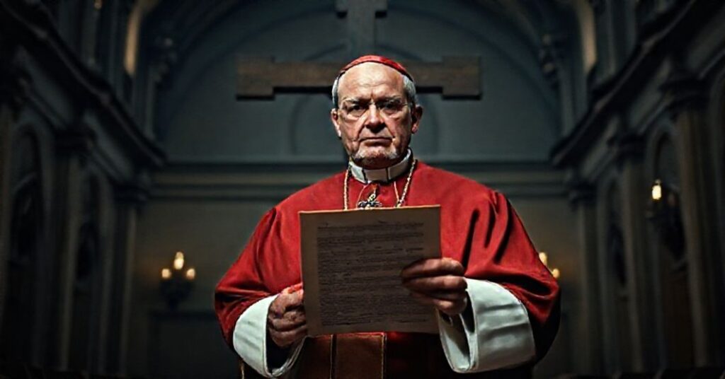 Kardynał w tradycyjnych szatach kościelnych trzyma dokument historyczny przed krzyżem w poważnej sali pełnej starożytnej architektury.
