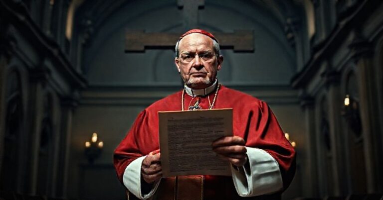 Kardynał w tradycyjnych szatach kościelnych trzyma dokument historyczny przed krzyżem w poważnej sali pełnej starożytnej architektury.