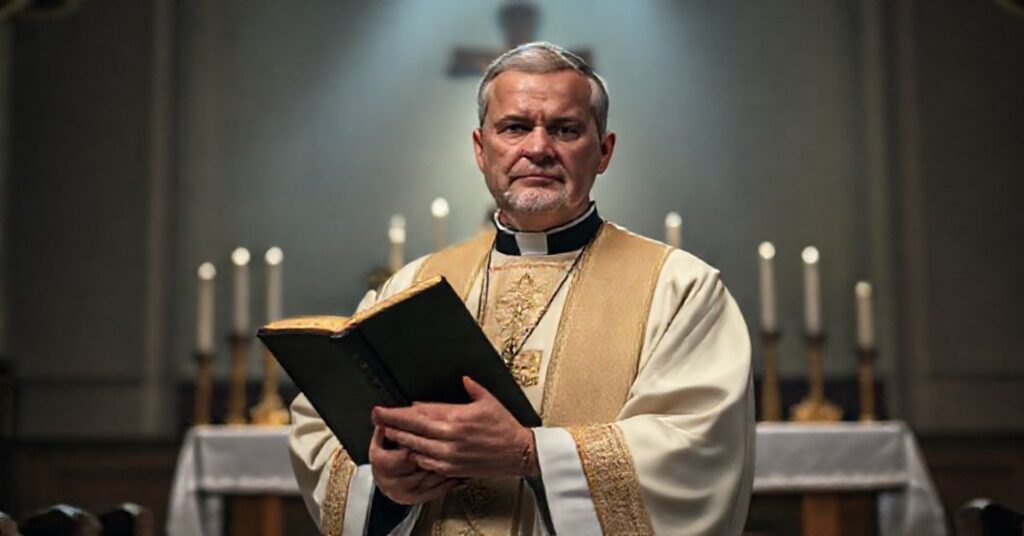 Kleryk w tradycyjnych szatach liturgicznych trzyma zamkniętą Biblię w kościele przy słabym świetle z ołtarzem i krzyżem w tle