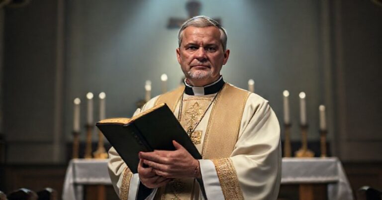 Kleryk w tradycyjnych szatach liturgicznych trzyma zamkniętą Biblię w kościele przy słabym świetle z ołtarzem i krzyżem w tle