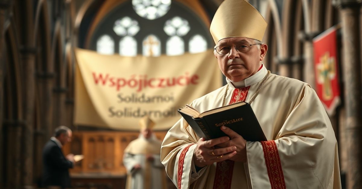 Tradycyjny biskup katolicki w pełnym stroju liturgicznym w gotyckiej katedrze obok niejasnej figury reprezentującej Leona XIV i modernistyczne symbole
