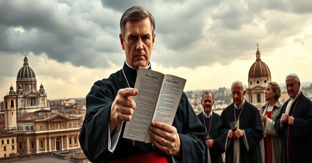 Ksiądz w tradycyjnych szatach kościelnych stoi przed synagogą z kopią Syllabus błędów