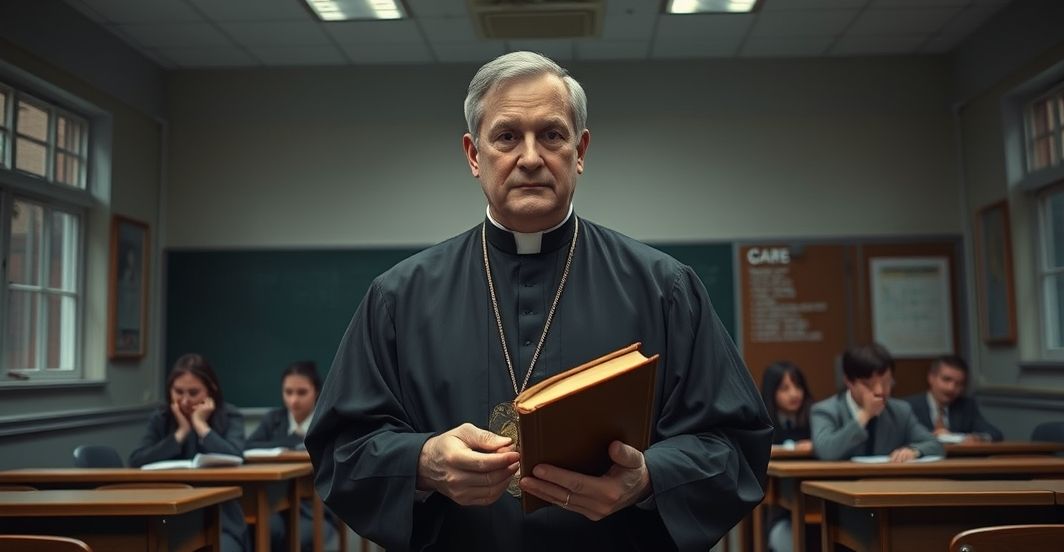 Tradycyjny katolicki nauczyciel w klasie, symbolizujący odwagę w obronie prawdy moralnej przeciwko współczesnym reżimom edukacyjnym