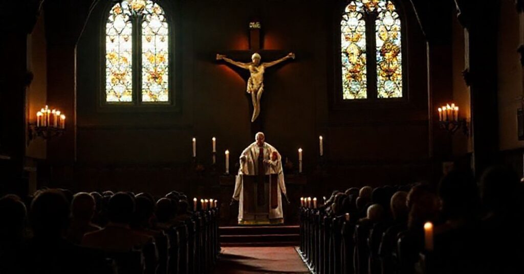 Tradycyjny kościół katolicki z księdzem na ambonie podczas kazania przed skupionymi wiernymi