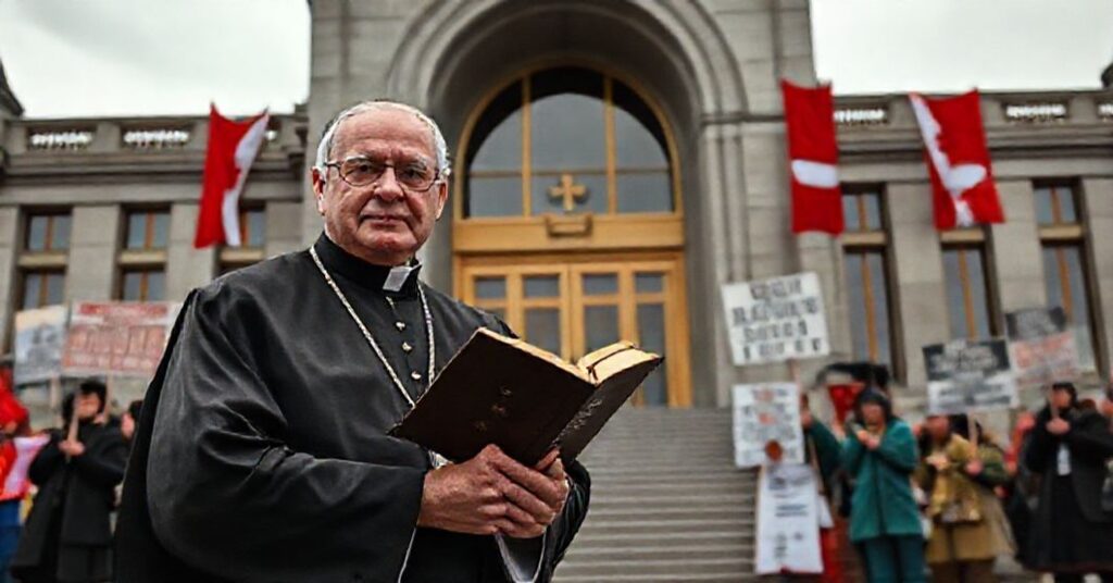 Tradycyjny biskup katolicki w godnych szatach stoi przed budynkiem rządu kanadyjskiego, trzymając Biblię, z tłem manifestacji i nowoczesnej architektury.