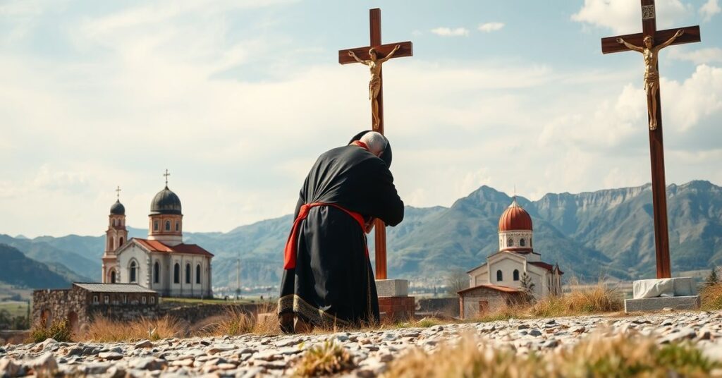 Książę katolicki w tradycyjnych szatach modli się przed krzyżem na tle ormiańskich kościołów i gór. Scena podkreśla walkę o prawdziwą wiarę i konieczność nawrócenia.