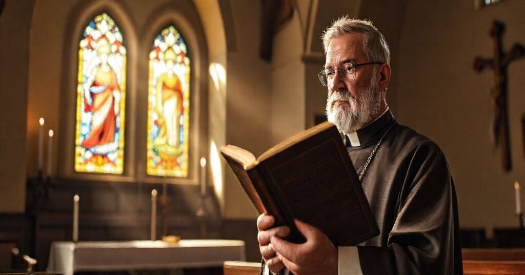 Tradycyjny katolicki książ w prostym kościole trzymający encyklikę Quas primas pod promieniami słońca padającymi przez witraż przedstawiający Chrystusa Króla.