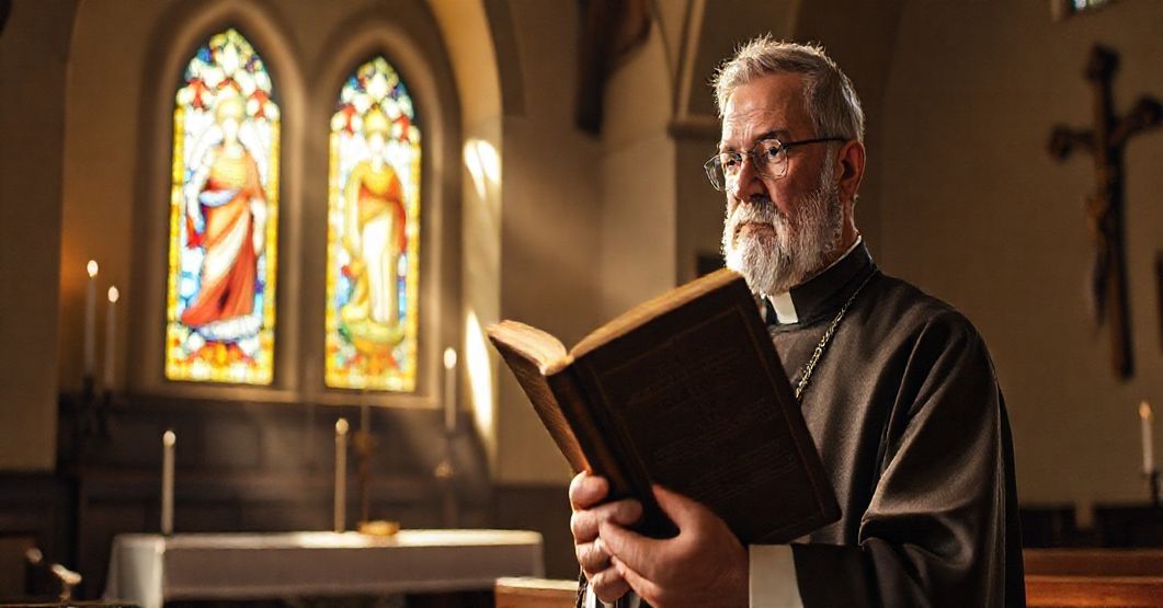 Tradycyjny katolicki książ w prostym kościole trzymający encyklikę Quas primas pod promieniami słońca padającymi przez witraż przedstawiający Chrystusa Króla.