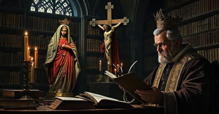Solemne tradycyjne katolickie zdjęcie przedstawiające teologa studiującego starożytne teksty obok radiacyjnej Marji w koronie Matki Bożej obok Krzyża. Atmosfera gotycka biblioteki z świecami i książkami podkreśla powagę teologicznej debaty o tytułach Maryi.