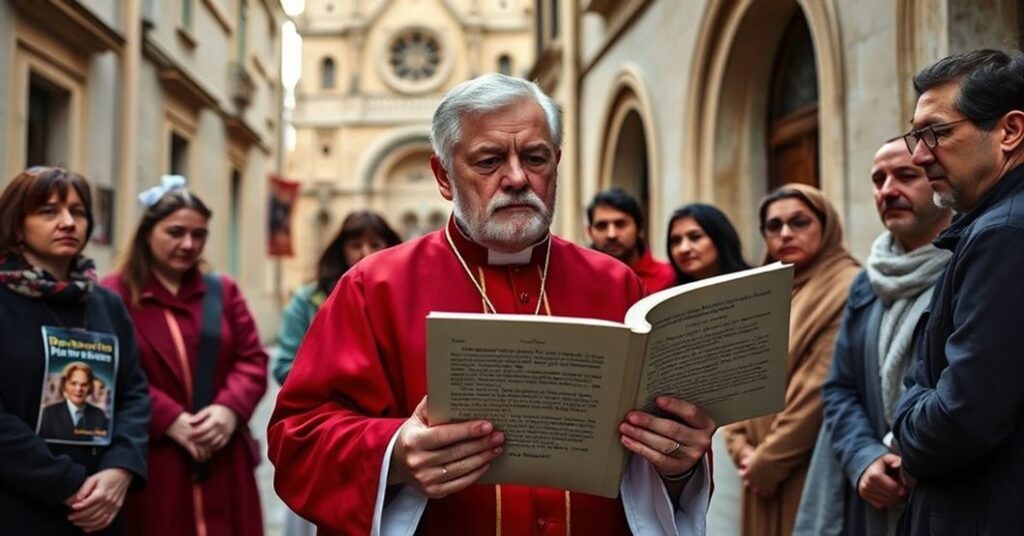 Katolicki kapłan w tradycyjnych szatach stoi przed grupą wiernych trzymany książką „De Origine Animae“ Św. Augustyna. Na tle widoczna jest ulica w Malcie z propagandowymi plakatami na rzecz aborcji przykrytymi gotyckim kościołem.