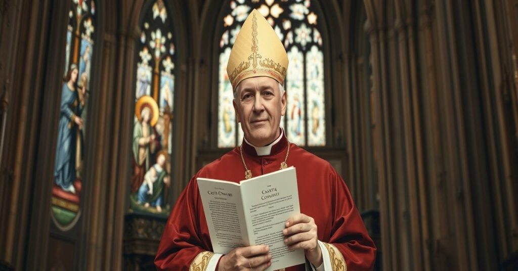 Biskup w tradycyjnych insygniach kościelnych trzymający encyklikę „Casti Connubii” przed gotycką katedrą