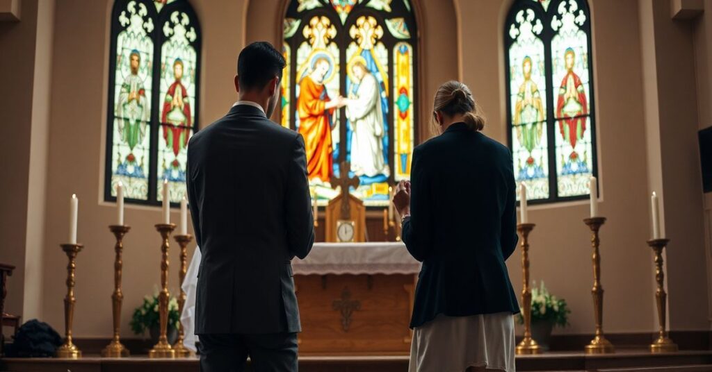 Kobieta i mąż modlący się przed ołtarzem w tradycyjnym kościele katolickim, z witrażem przedstawiającym Świętą Rodzinę na tle.