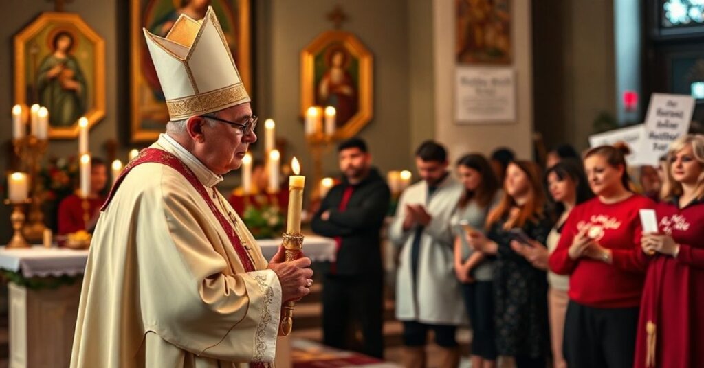 Biskup katolicki w tradycyjnym ornacie stoi przed ołtarzem z ikonami i świecami, trzymając świecę i patrząc na grupę aktywistów pro-life modlących się przed kliniką aborcyjną.