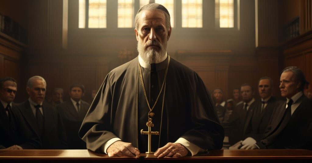 Katolicki ksiądz w tradycyjnym stroju liturgicznym stoi przed konfesjonałem w środowisku sądowym z legislatorami Stacey Travers i Quang Nguyen.