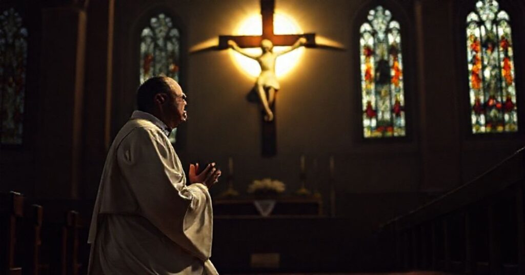Katolicki księż w tradycyjnych ornatach modliący się przed krzyżem w ciemnym wnętrzu kościoła, symbolizując obronę tajemnicy spowiedzi.