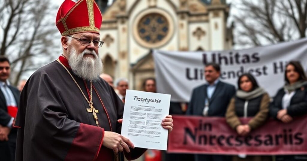 Biskup katolicki w tradycyjnych szatach liturgicznych trzyma dokument z weta prezydenckim przed tłem kościoła i grupy obywateli.