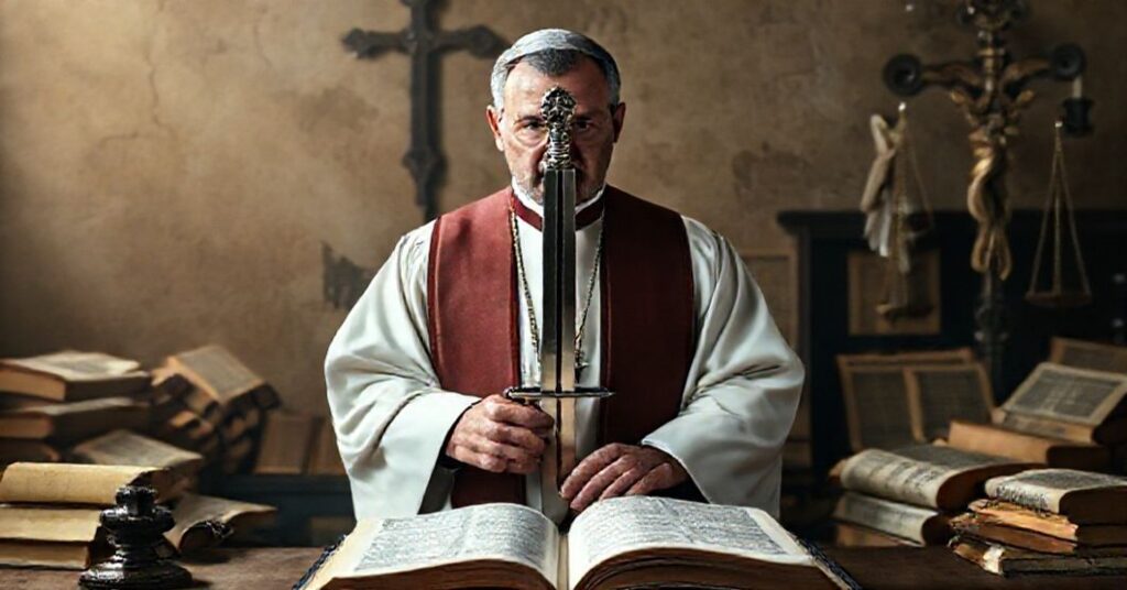 Ksiądz w tradycyjnych szatach kościelnych z mieczem sprawiedliwości przed otwartą Biblią
