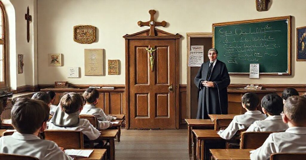 Tradcyjna katolicka klasa z siostrą zakonną broniącą uczniów przed propagandą LGBT ONZ