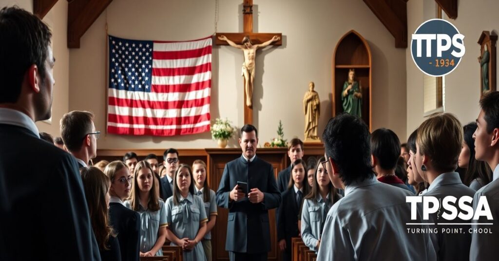 Grupa uczniów w szkole katolickiej podczas spotkania z przedstawicielem TPUSA.
