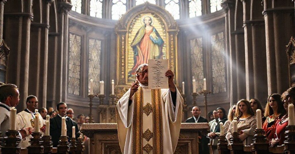 Cerkiew tradycyjna z kapłanem i obrazem Matki Bożej w tle.