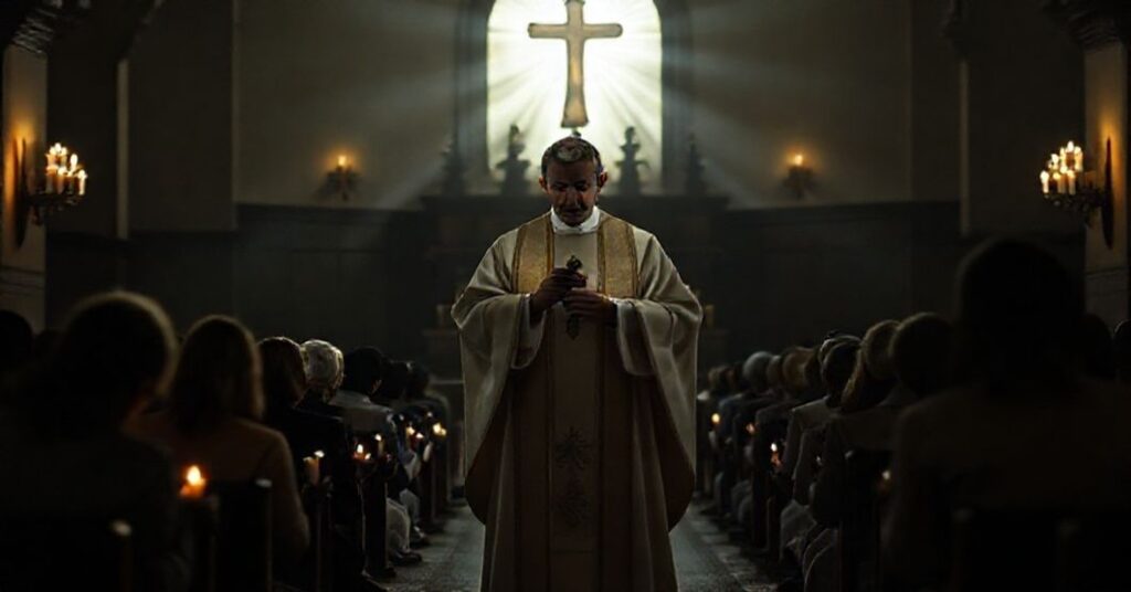 Tradycyjny kapłan w starym koście celebruje Mszą trydencką w otoczeniu wierzących.