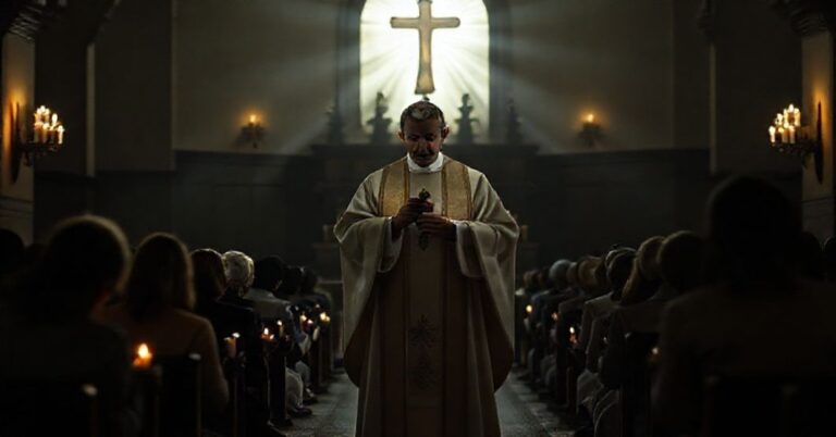 Tradycyjny kapłan w starym koście celebruje Mszą trydencką w otoczeniu wierzących.