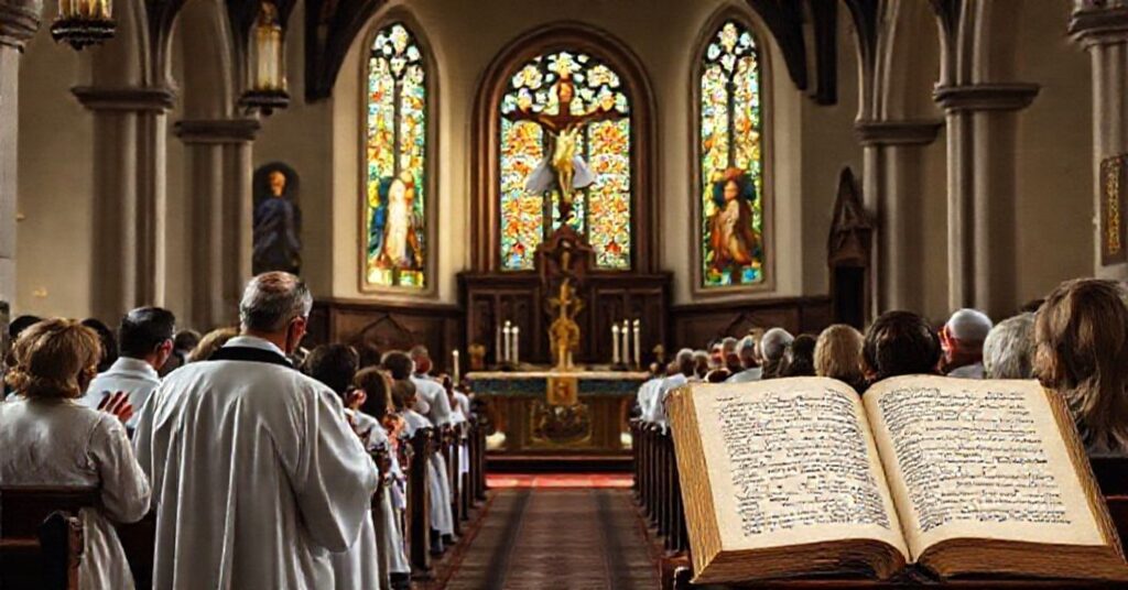 Wnętrze tradycyjnego kościoła katolickiego z uroczystą liturgią, kapłanem w białym ornacie i modlącymi się wiernymi. Scena oświetlona jest delikatnym światłem przechodzącym przez witraże przedstawiające świętych i sceny biblijne. Ołtarz ozdobiony jest świecami i krzyżem, symbolizującym niezmienną doktrynę Kościoła. Na tle widoczny jest stary katolicki księgi i list Piusa X.
