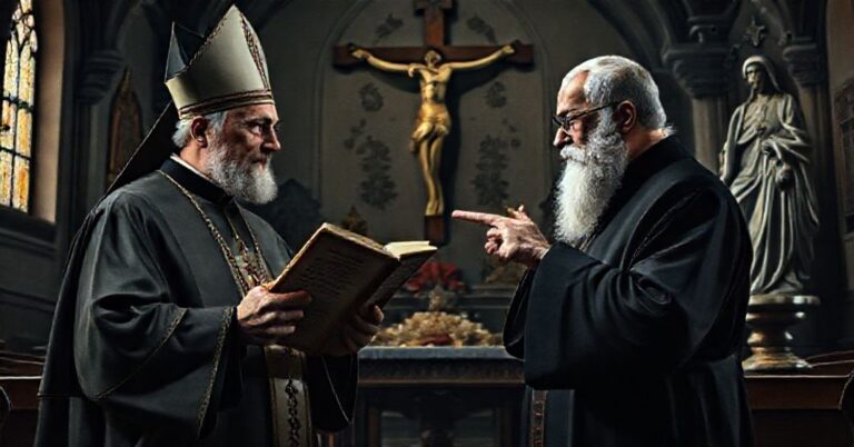 Obraz przedstawiający tradycyjne katolickie środowisko dyskusji teologicznej między siedzowacantystą a modernistą ks. prof. Józefem Naumowiczem.