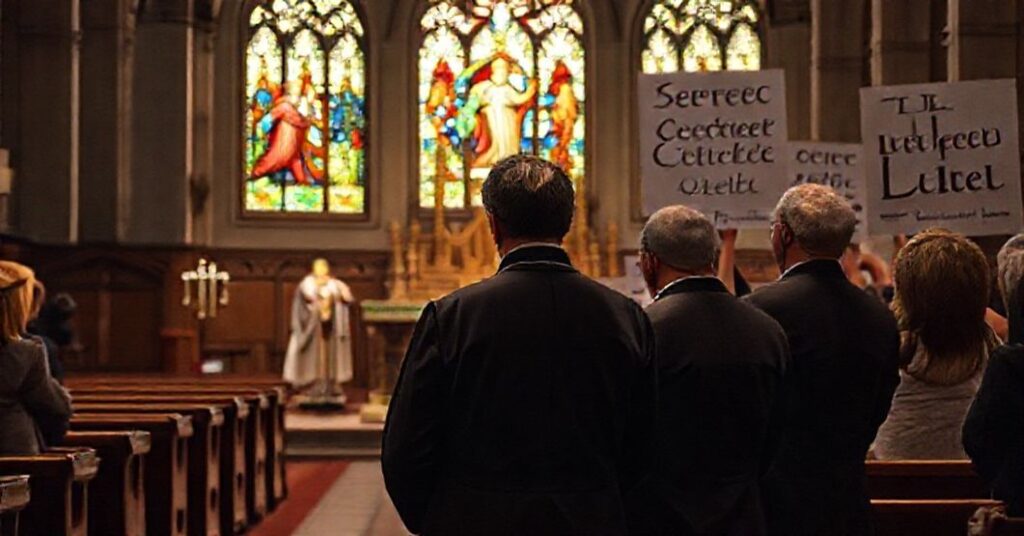 Wnętrze tradycyjnego kościoła z biskupem w pełnym stroju liturgicznym przy ołtarzu; w tle premier Alberty Danielle Smith i minister Mickey Amery w chwili refleksji.