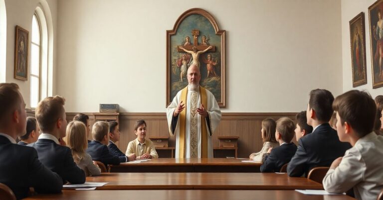 Scena edukacji katolickiej w klasie szkolnej z kapłanem i dziećmi, symbolizująca obronę tradycyjnych wartości wobec nowoczesnych zagrożeń