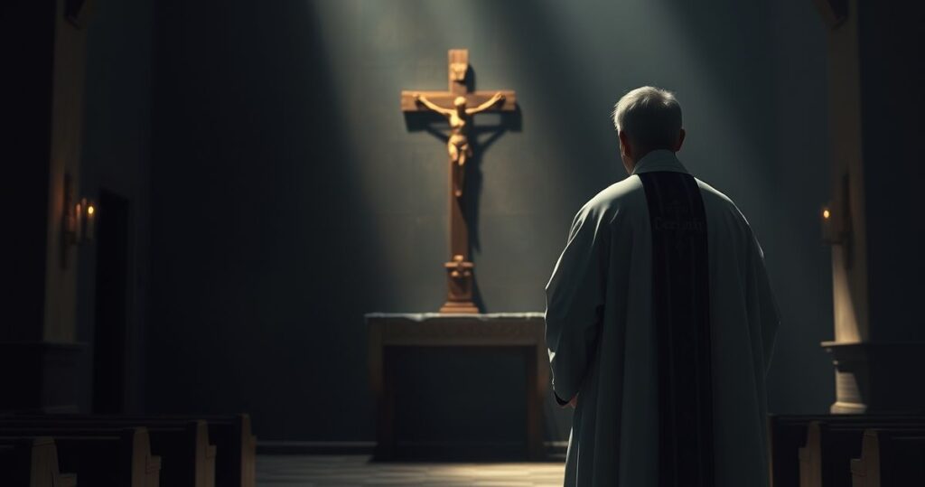 Koncelebrowana scena w tradycyjnym kościele, kapłan w liturgicznym szatach przed ołtarzem, wyrażający troskę o wierność katolickim zasadom w obliczu modernizmu